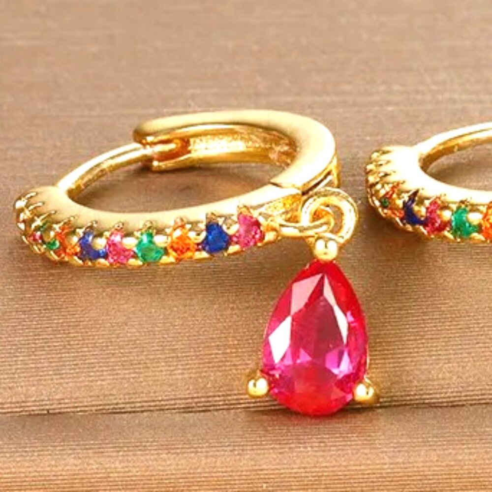 18K GOLD DIPPED MULTI-COLOR CUBIC ZIRCONIA GEMSTONE PENDANT EARRINGS
